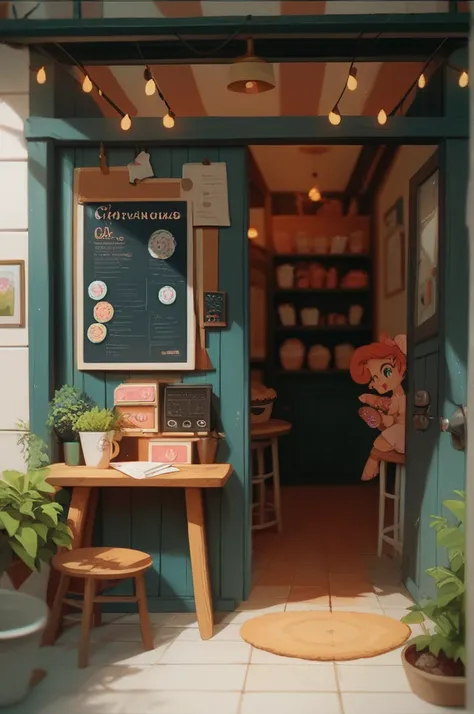 A cute simple little donut shop;  A nice little shelf for the donuts with a coffee machine