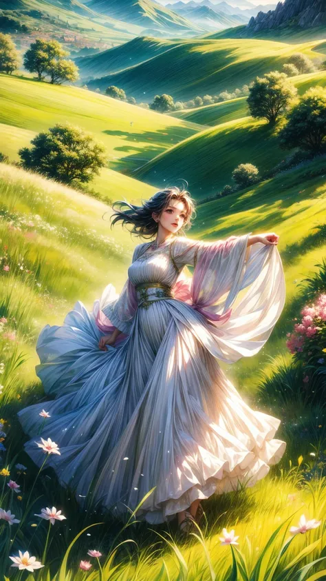 (masterpiece, best quality:1.2), pastoral idyll, grassland, hills, woman, dancing, long skirt, extreme wide shot,