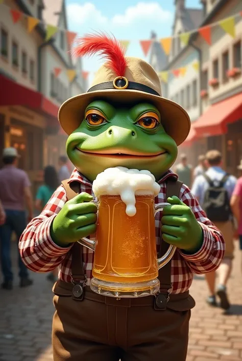 Frog at the Oktoberfest with a mug in his hands completely stuffed 