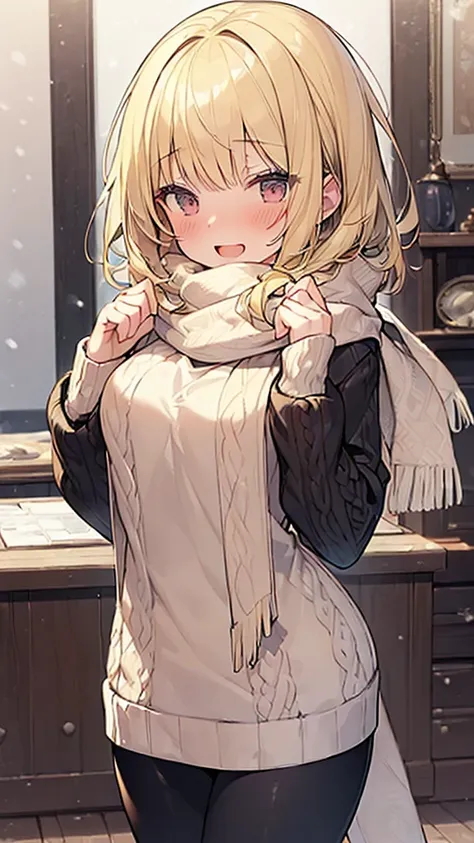 (Masterpiece, Top quality: 1.5), 1 beautiful girl, solo, (short height:1.3), ample breasts, (winter fashion:1.3), (long sweater, leggings ,scarf:1.2), (blonde:1.5), (medium Hair:1.2), wavy Hair, asymmetry bangs, swept bangs, airy hair, standard weight, smi...