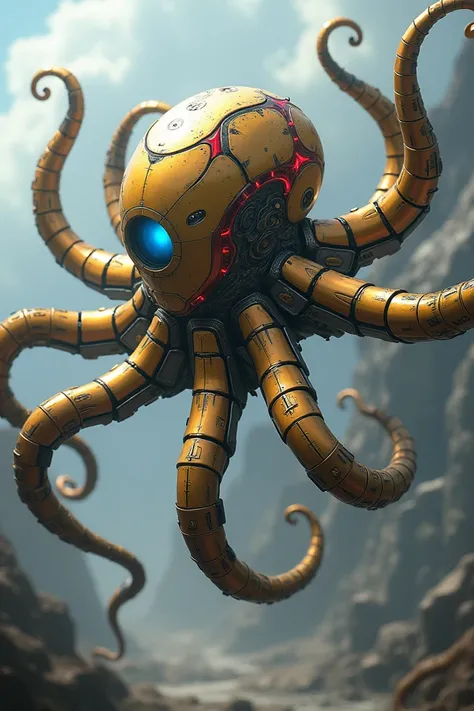 Visualize a unique octopus-inspired Iron Man hybrid. The creature has a fully armored body with golden tentacles extending from its back, each one flexible and armed with mini-missile launchers. Its metallic face resembles a high-tech diving helmet with sh...