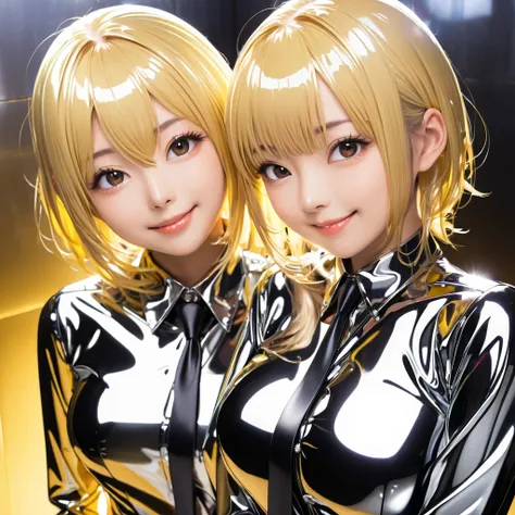 2 Japanese girls buttoned in extremely tight shiny latex blouse, smile, Lens reflection, Reflected light, Are there , Necktie, Medium hair,  blonde hair, 