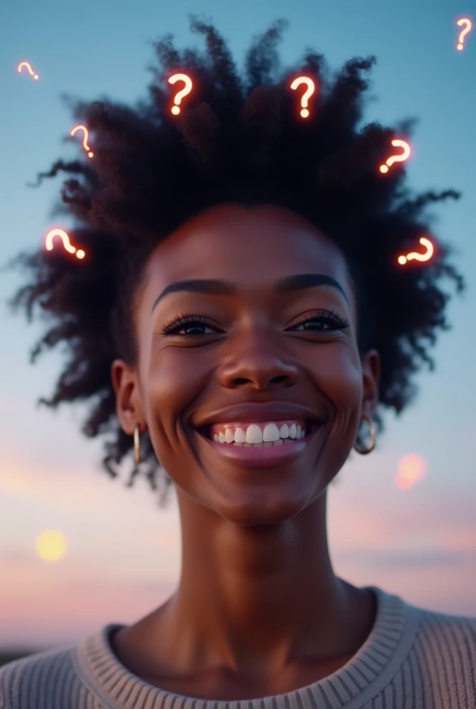 "A close-up of a confident person (diverse representation) smiling slightly with a knowing expression, framed by a clear sky transitioning from daytime blue to the soft pinks and oranges of twilight. Add a subtle overlay of scattered, animated question mar...