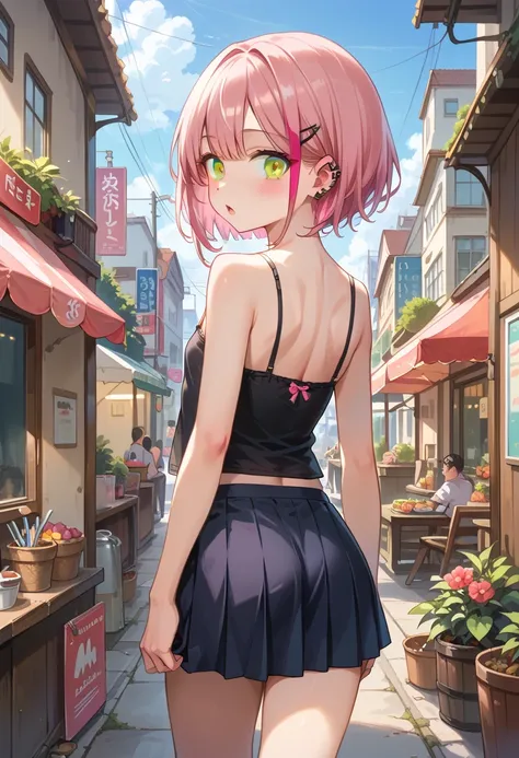 (masterpiece),(best quality),(ultra-detailed), (illustration), (an extremely delicate and beautiful) 1 girl,looking back,blush,surprised BREAK early teen girl,pink hair,golden yellow eyes,midium face line streaked highlights hair,Vivid_Pink hair,industrial...