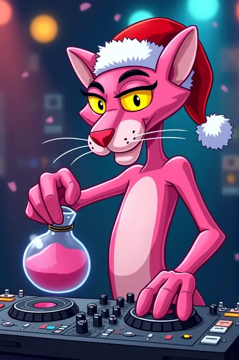 Pink panther drawing playing a DJ console and holding an airtight bag with pink powder in his hand and with a Christmas hat on his head 