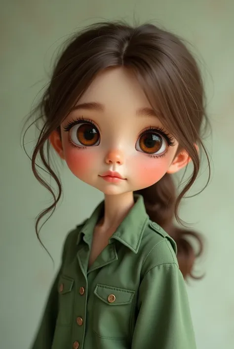 An  petite girl with a round Ukrainian face with brown eyes I a little small with brown hair with a cute face Im pretty I is dressed as you cherte Rocha I with green pants