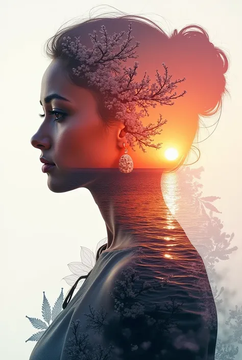 high quality, 8K Ultra HD, A beautiful double exposure that combines an goddess silhouette with sunset coast, sunset coast should serve as the underlying backdrop, with its details incorporated into the goddess , crisp lines, The background is monochrome, ...