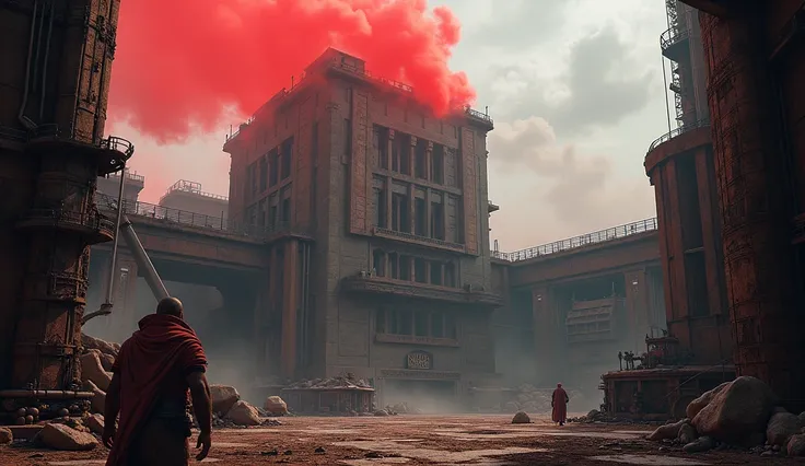 An imposing building with a central chimney that exudes red smoke .  Its interior is used by huge machines and tools scattered around every corner.