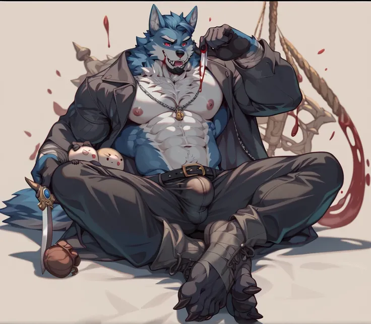 Scribble, black wolf face ,doll(Black werewolf ：1.5),,With muscles,( black eyebrows :1.1),( perfect blood red eyes ),（{{artist}}:Muto Arashi，paw，（ holding a dagger in his right hand ：1.1）（Blackbeard:1.3），（Crotch bulge:1.3），（The scene is bright：1.1），（Evil：1...