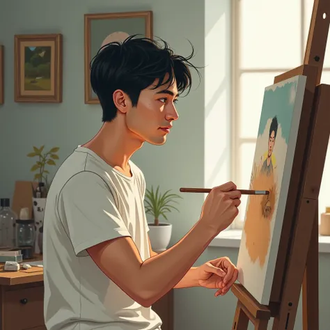 A realistic and animated illustrated man with short dark hair, wearing a simple white t-shirt, paints on a canvas in a quiet art studio. The room is filled with soft light from a window and art supplies scattered around. Impressionist style, muted colors, ...