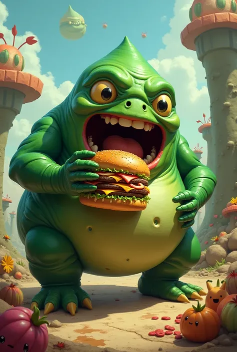 Fat green alien eating hamburgers 