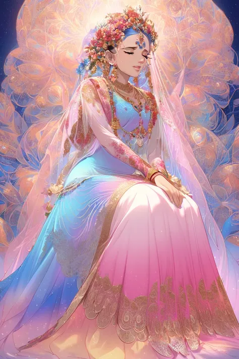 A divine and emotional scene depicting Shri Radha Ji and a devoted gopi. Shri Radha Ji is portrayed in a modern yet ethereal gown blending pink and blue hues, with a sheer, flowing design that exudes grace. She has a peacock feather in her hair and holds S...