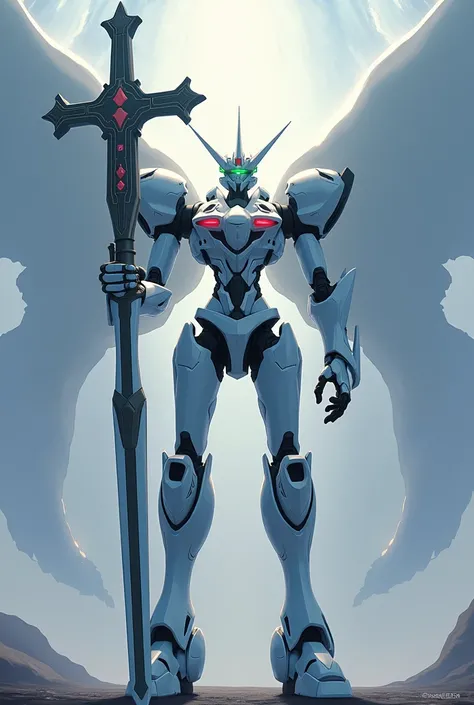 Eva 01 from evangelion, with white skin, a giant cross in the left hand and a giant sword in the right hand 