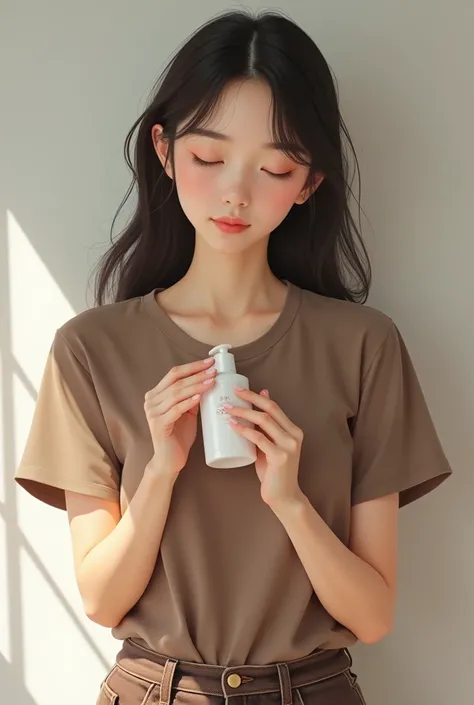 Wear a brown round neck t-shirt and brown denim
AV debut of a Japanese woman who applied plenty of lotion to her body