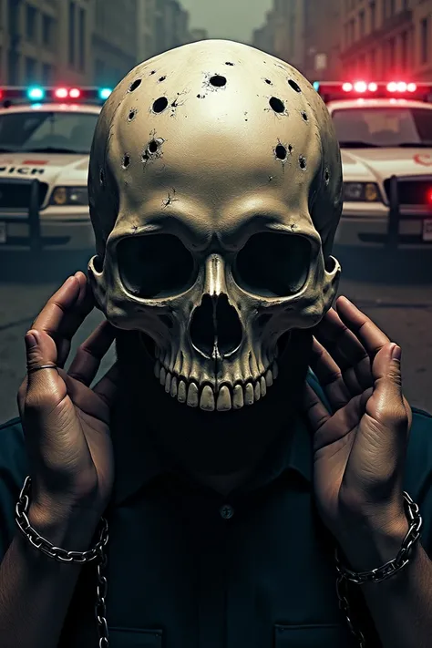 Make me a poster drawing with a skull in the middle that has holes on the skull and has a hand with chains on both sides and has a background of pulis cars and police man that has a gun and shooting the skull