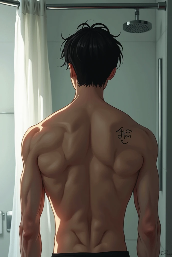 A man with an anime-like back in the shower with short black hair with an athletic body that is not very muscular but athletic, the photo is very artistic without clothes but that you cant see any noble area and with the initials tattooed in small letters ...