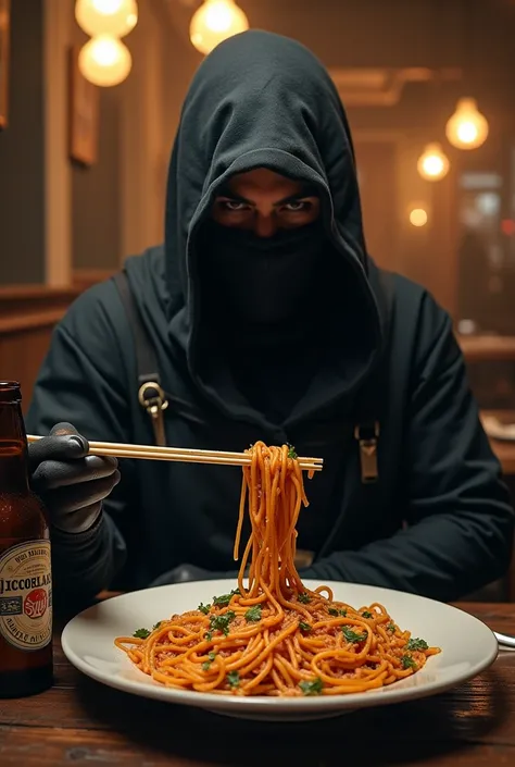 Ninja Warrior sitting in a restaurant eating spaghetti with Chinese sticks,  she has narrow silver metals on the table,  the waitress is flirting with him , The waitress drinks beer 