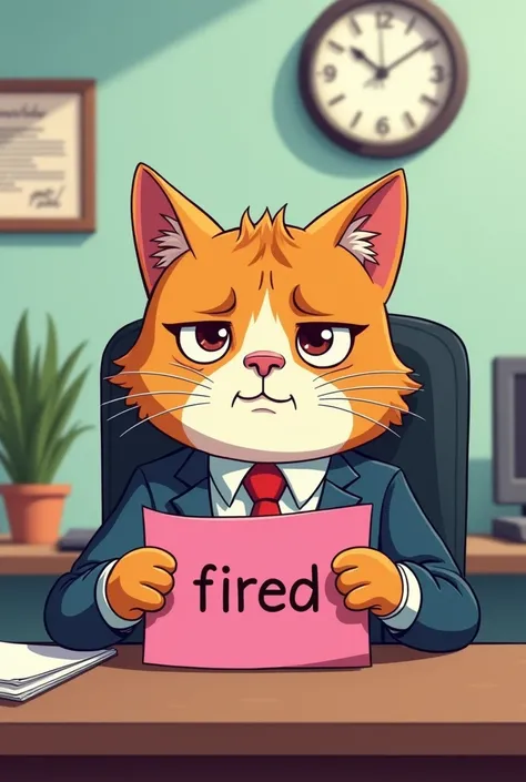 . "Cat Receives the News"

A cartoon-style cat in a business suit sits at a desk with its head drooped, looking at a pink slip marked "Fired" on a piece of paper. The background shows an office setting with a clock on the wall, a computer, and a potted pla...