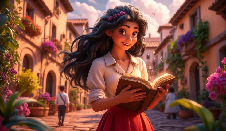 Make a cartoon-style image of a girl with long black hair in a white blouse and red skirt with a shiny book in her hands. In the background sad ren walking away. The setting is a village.