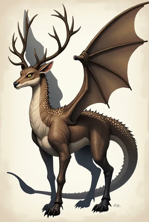 A strong half-deer ,  dragon with the body of a powerful scaly dragon,  in shades of brown and gray .  Branched deer antlers .  shiny eyes,  Golden-yellow , with pupil . clawed paws.  Long, thin tail ,  with a dark tip .  Broad wings ,  with transparent ro...