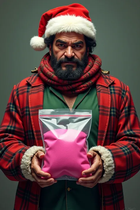 Drawing of Pablo Escobar with a Christmas kit and with a transparent airtight bag with pink powder inside 