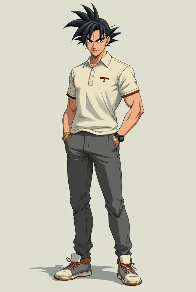  Create a dragonball character with well-groomed hair,  wearing a polo shirt with a toothpick on top , wearing skinny dress pants and casual sneakers .