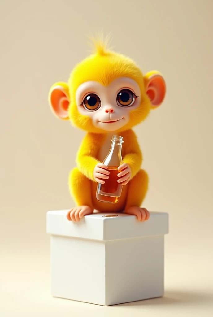 a small monkey, the size of an adult human thumb, yellow, cute, sitting on a white box, drink bottled tea