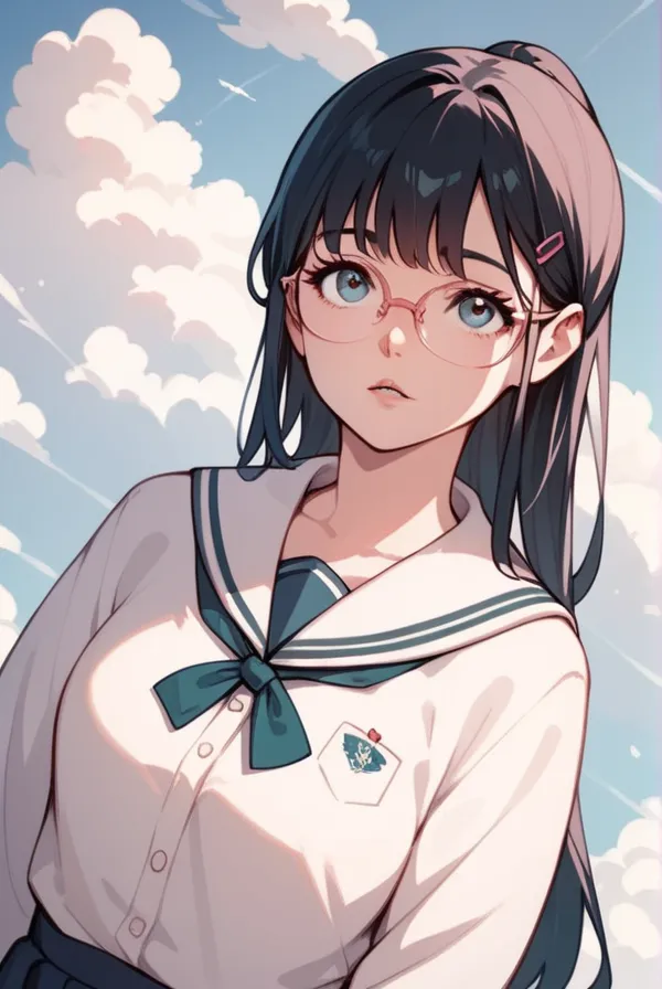 Black hair, long hair, glasses, Japanese high school girl, high school girl winter uniform, looking up at the sky, cloudy sky, a ray of light shining through the clouds