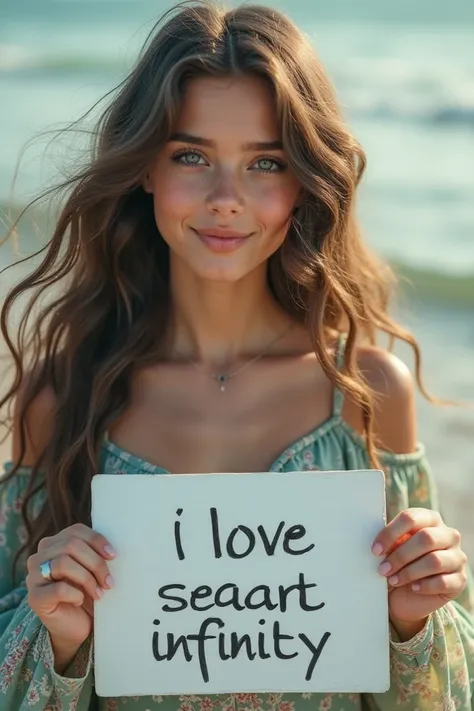 Beautiful girl with wavy long hair, bohemian dress, holding a white board with text "I Love Seaart Infinity" and showing it to the viewer