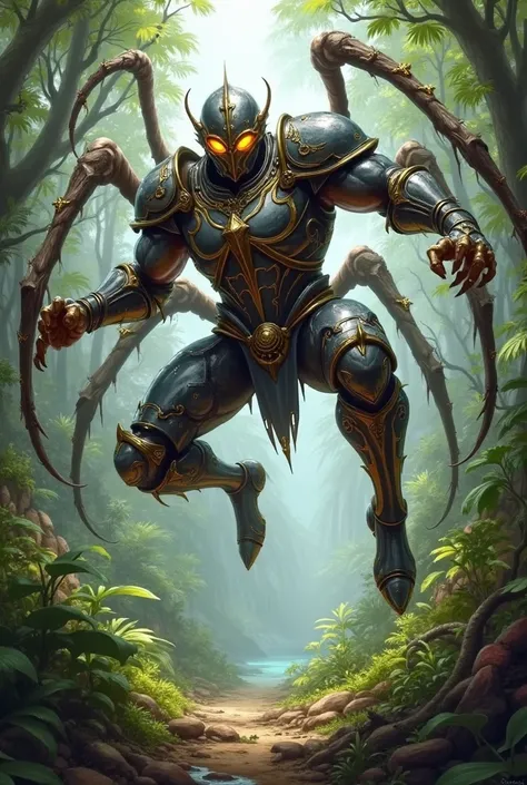 Muscular humanoid jumping spider with knight armor clad in jungle 