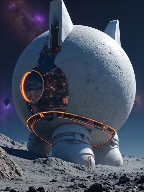 A futuristic moon base intricately designed in the shape of a rabbits face (Moon base of a precise machine in the shape of a rabbits face), featuring cutting-edge technology seamlessly integrated into its structure. The large, glowing eyes of the moon base...