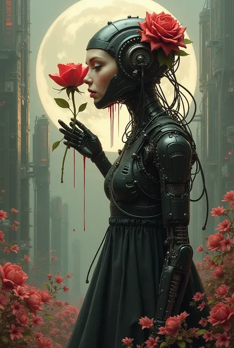 giger , biotech ,  someone is holding a rose with blood dripping down it, in the style dan mumford artwork, in style of cyril rolando, ( ( ( ( ( dan mumford ) ) ) ) ), cyberpunk cyborg. roses, cyril rolando and goro fujita, el bosco and dan mumford, inspir...