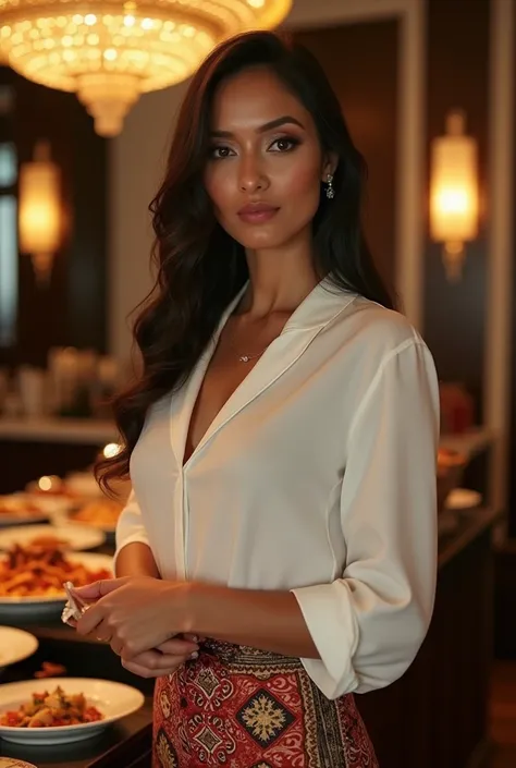 40 years old woman, milf vibe, Indonesia Javanese, (body type look like sydney sweeney), ((wearing white blouse and batik fabric skirt)), (standing in front of a food buffet), (scene in hotel ballroom), (horny face), masterpiece, high quality, Fujifilm XT3...