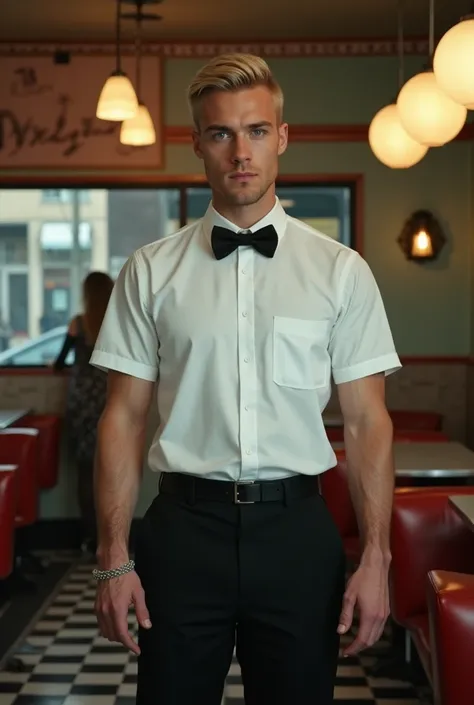 Blond Caucasian Man, age 38. lean defined. shorth hair , wearing an 80s style waiter outfit. It&#39;s in an old 80&#39;s NYC diner.