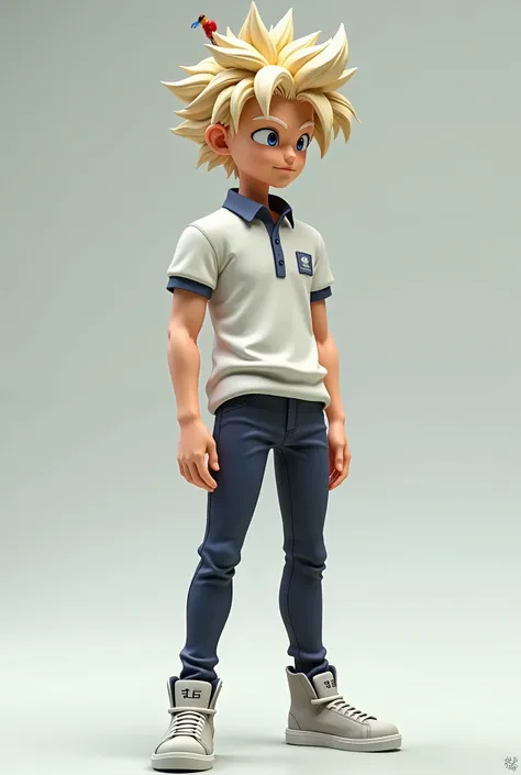  Create a dragonball character 3D with well-groomed hair,  wearing a polo shirt with a toothpick on top , wearing skinny dress pants and casual sneakers .