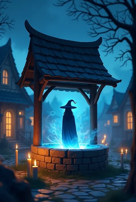 Animated image of a well  inside well a witch is present in a village in dark night 