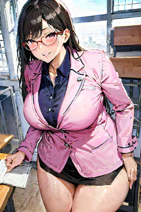 NSFW,masterpiece, best quality, high definition , Very detailed,teacher, dress shirt , pencil skirt,Glasses,School,classroom,Bad Smile