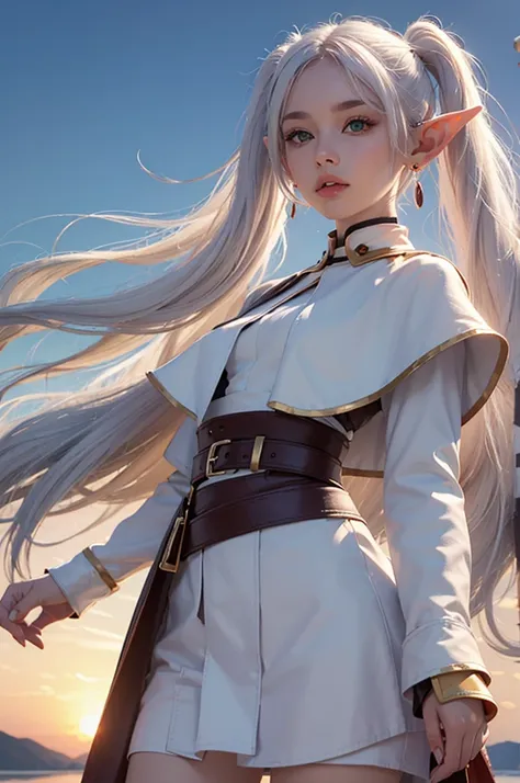 (maximum quality image, masterpiece), detailed landscape,(((white hair))), detailed beautiful green eyes,  tranquil lake (reflecting the vibrant sky at dusk),nuances of colors,quiet, frieren, 1girl, long hair, pointy ears, twintails, jewelry, elf, earrings...