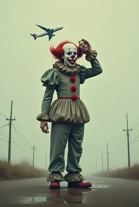 A clown in 2D ,  with its head separated from its body ,  its head is in one of its hands and it is standing,  an airplane passes in the background .