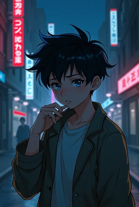 Make a detective boy anime character with blue eyes and black hair who is confused