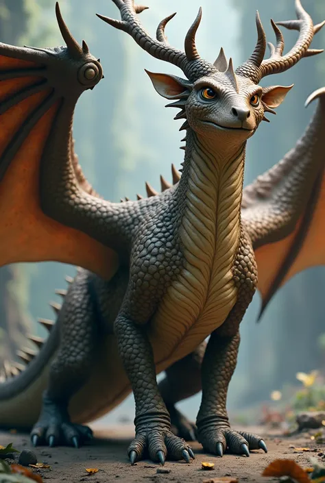  A large dragon with deer horns . Brown and gray scales . Golden-yellow eyes .  Broad wings ,  with transparent rounded white spots .  Column covered with round white spots touching his neck,  running down its back until it reaches its dark-tipped tail.