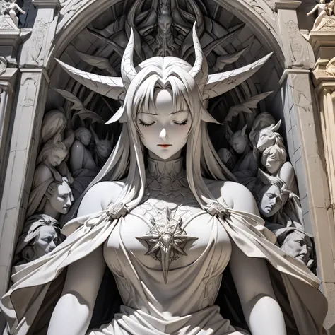 The woman who closes her eyes in the stone statue of the naked devil, sealed in the relief, is the statue of the devils apostle Fate Testarossa in the stone statue of a naked woman displayed in a beautiful relief, is adorned with evil demons on the altar o...