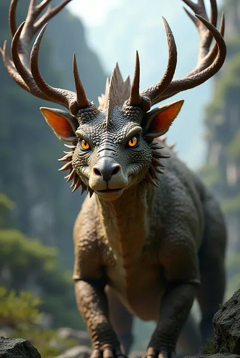 Deer-horned dragon. Brown and gray scales . Golden-yellow eyes .