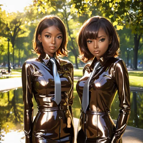 2 dark-skinned girls buttoned in extremely tight shiny latex blouse, Lens reflection, Reflected light, are in the park, Necktie, Medium hair,  BROWN HAIR, 