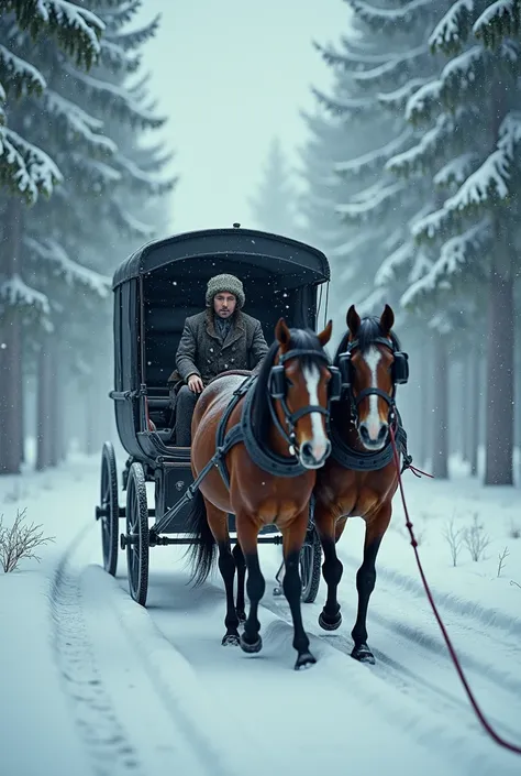 realistic carriage with 2 horses snow storm weather forest man with hat in the carriage