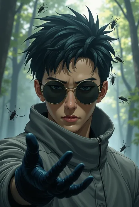 A hyper-realistic portrait of Shino Aburame, exuding mystery and calm intelligence. His face is partially obscured by round, dark sunglasses and a high-collared gray jacket. His short, spiky black hair adds to his enigmatic look. He holds out a gloved hand...