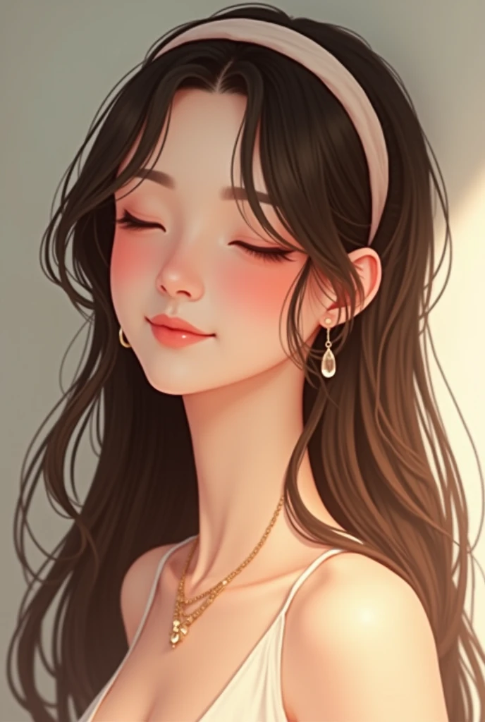 Solo, Long Hair, Blush, Smile, Brown Hair, Jewelry, Closed Mouth, Hairband, 