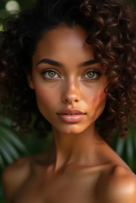 Tahitian woman curly hair matt skin realistic green eyes 