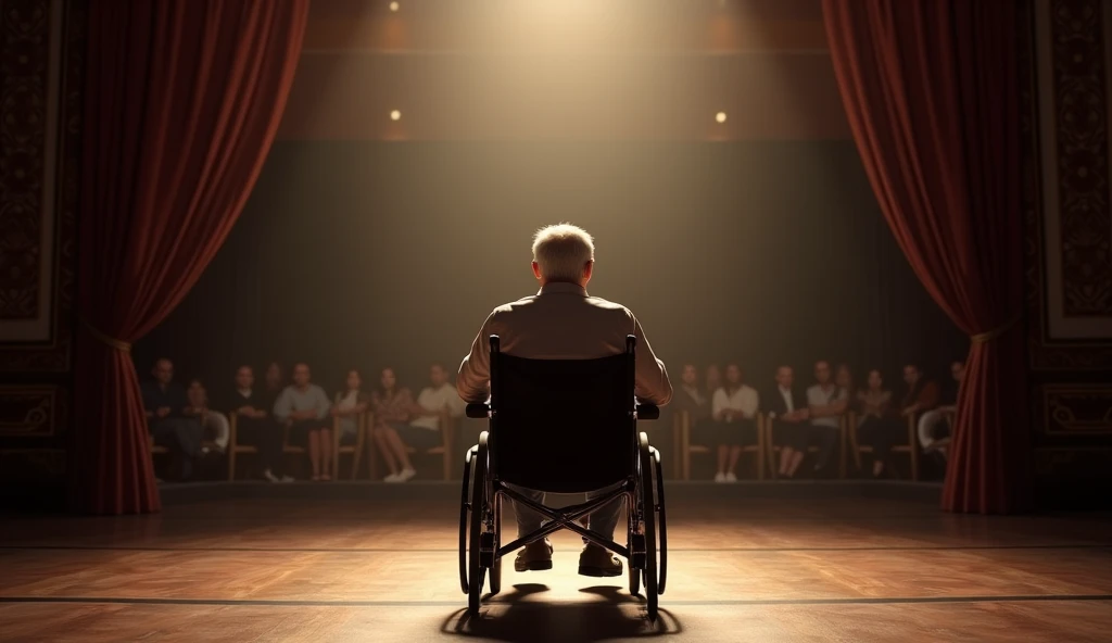 The man ( 54 years old)  has stopped at the center of the stage, his wheelchair positioned directly under a spotlight. He rests his hands on the armrests, his face calm but reflective, as he looks out at the audience. The rich textures of the stage floor a...