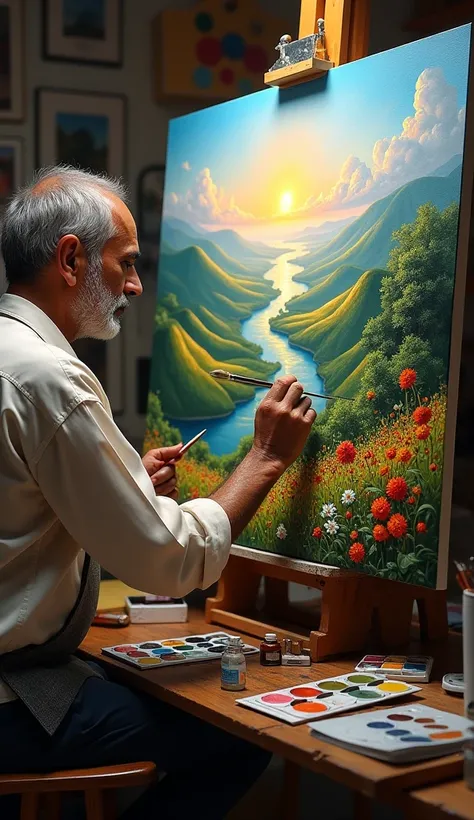 A male adult Indian artist drawing a beautiful scenery painting 